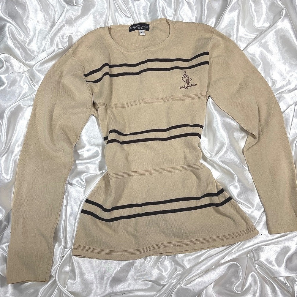 y2k Baby Phat Sweater Tan Excellent Striped Long Sleeve Cat Logo Top Mens L